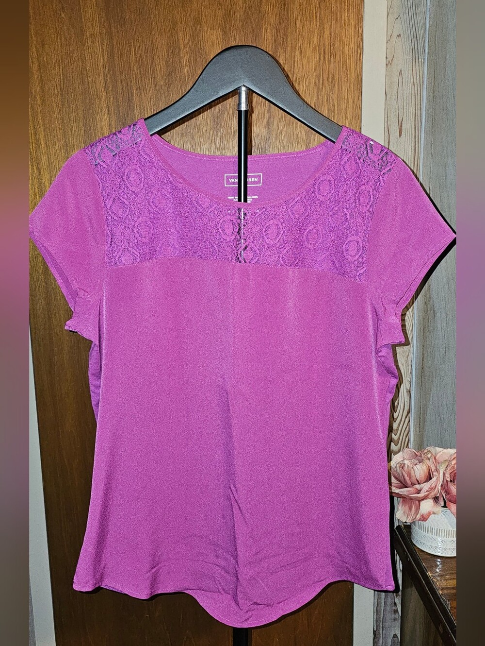 Van Heusen Purple Lace Yoke Short Sleeve Blouse